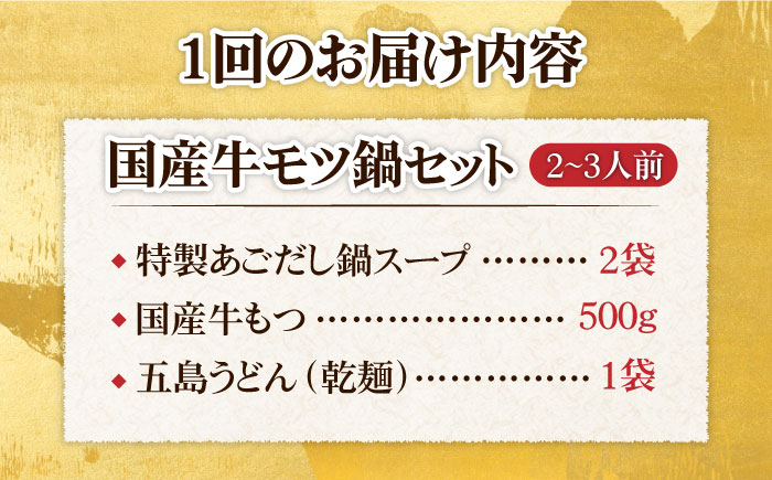 【全3回定期便】【もつ2倍増量】焼きあごだしのコクぶか～い旨味！ 国産 牛もつ鍋と五島うどんセット 2～3人前【TMN】 [RAA021]