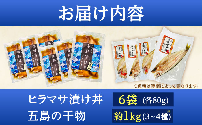 【五島列島直送】ヒラマサ漬け丼6食+干物セット約1kg 3～4種 魚 海鮮 漬け丼 干物 新鮮 国産 魚介 長崎 五島 上五島【有福水産】 [RBV003]