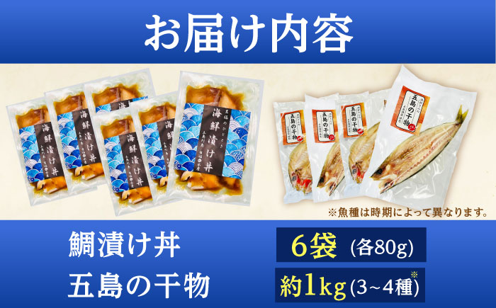 【五島列島直送】鯛漬け丼6食+干物セット約1kg 3～4種 魚 海鮮 漬け丼 干物 新鮮 国産 魚介 長崎 五島 上五島【有福水産】 [RBV004]