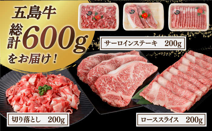 【幻の和牛を3倍楽しめる！】 五島牛 3種盛り サーロインステーキ ローススライス 切り落とし 計600g 肉 牛肉 【カミティバリュー】 [RBP070]