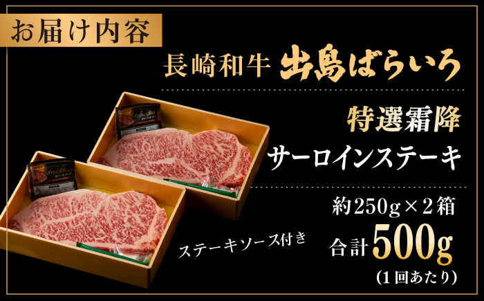 【全3回定期便】【日本一の和牛】長崎和牛 出島ばらいろ 特選霜降 サーロイン ステーキ たっぷり500g以上（約250g×2枚） 【合同会社　肉のマルシン】 [RCI011]