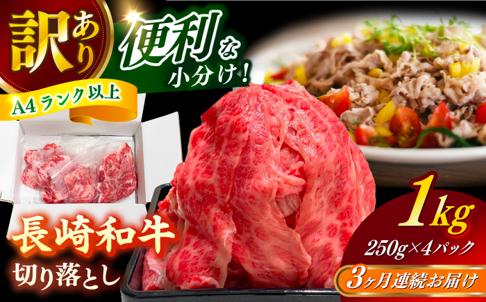 【全3回定期便】　【訳あり】 長崎和牛（バラ、モモ、肩ロースのいずれか）1kg 切り落とし 250g×4P 小分け 【株式会社時愉亭】 [RCE011]