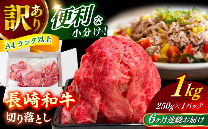【全6回定期便】　【訳あり】 長崎和牛（バラ、モモ、肩ロースのいずれか）1kg 切り落とし 250g×4P 小分け 【株式会社時愉亭】 [RCE012]