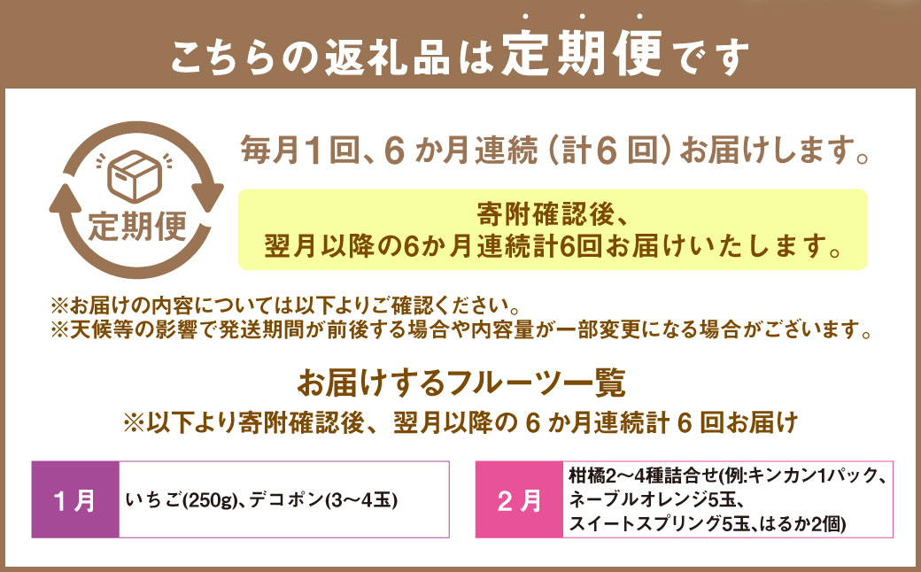【6か月連続定期便】熊本便り！旬のフルーツ詰め合わせ定期便 ｜ くだもの 果物 フルーツ 旬 いちご 柑橘 みかん メロン すいか シャインマスカット 梨 熊本県