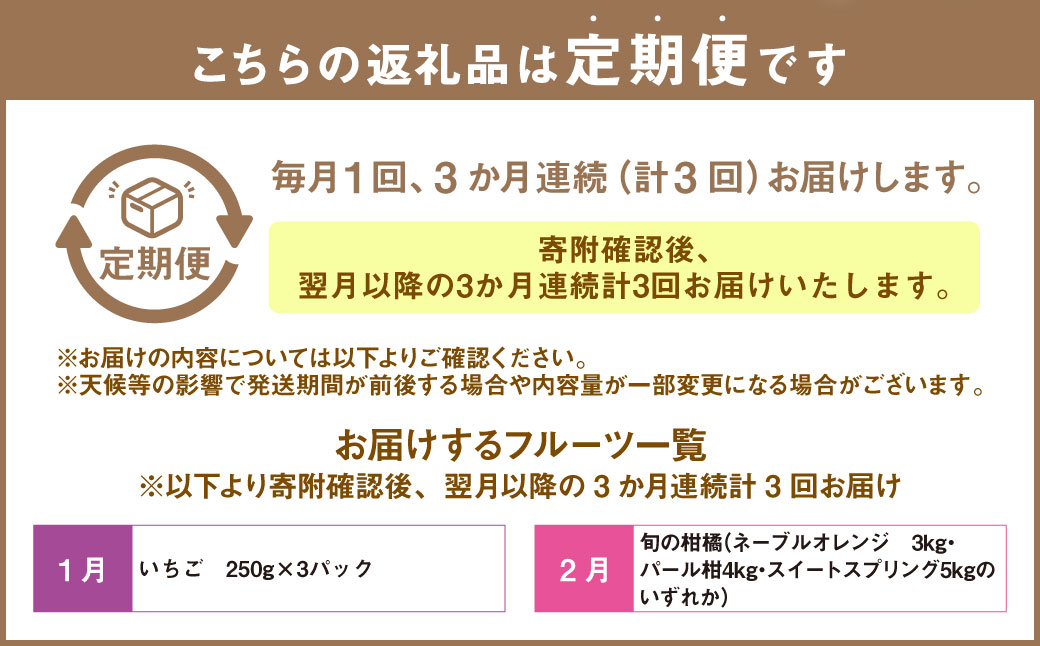 【3か月連続定期便】熊本便り！旬のフルーツ単品定期便 ｜ フルーツ くだもの 果物 旬 いちご みかん 柑橘 デコポン メロン スイカ 桃 シャインマスカット 梨 柿