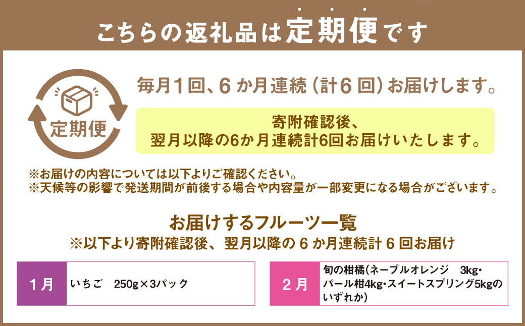 【6か月連続定期便】熊本便り！旬のフルーツ単品定期便 ｜ くだもの 果物 フルーツ 旬 いちご 柑橘 みかん デコポン メロン すいか 桃 シャインマスカット 梨 柿 熊本県