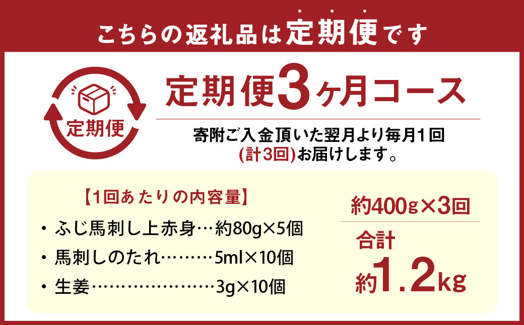 【3か月連続定期便】毎月届く馬刺しの定期便！ふじ馬刺し上赤身400g×3回 合計1.2kg 馬刺し 馬刺 馬肉