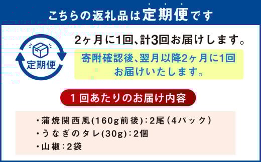 【年3回定期便】 うなぎの蒲焼 （関西風） を2ヶ月に1回 2尾 お届け （合計6尾） 鰻 ウナギ 鰻の蒲焼 蒲焼き タレ うなぎのタレ 山椒 国産