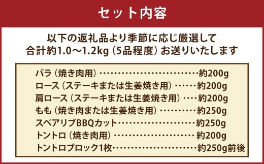【香心ポーク】 焼き肉 ・ ステーキ用 厚切り肉 1.0～1.2kg （各部位セット） 豚肉 お肉 肉 バラ ロース 肩ロース もも スペアリブ トントロ ブロック 焼肉 ステーキ 生姜焼き BBQ 厚切り セット 九州 熊本県 冷凍