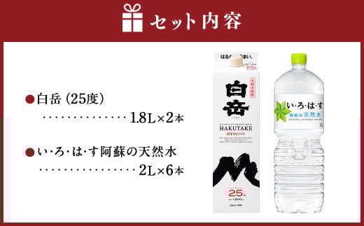 球磨焼酎と阿蘇の天然水の水割りセット！白岳1.8Lパック×2本＋い・ろ・は・す阿蘇の天然水2L×6本 焼酎 本格米焼酎 天然水 水割り セット