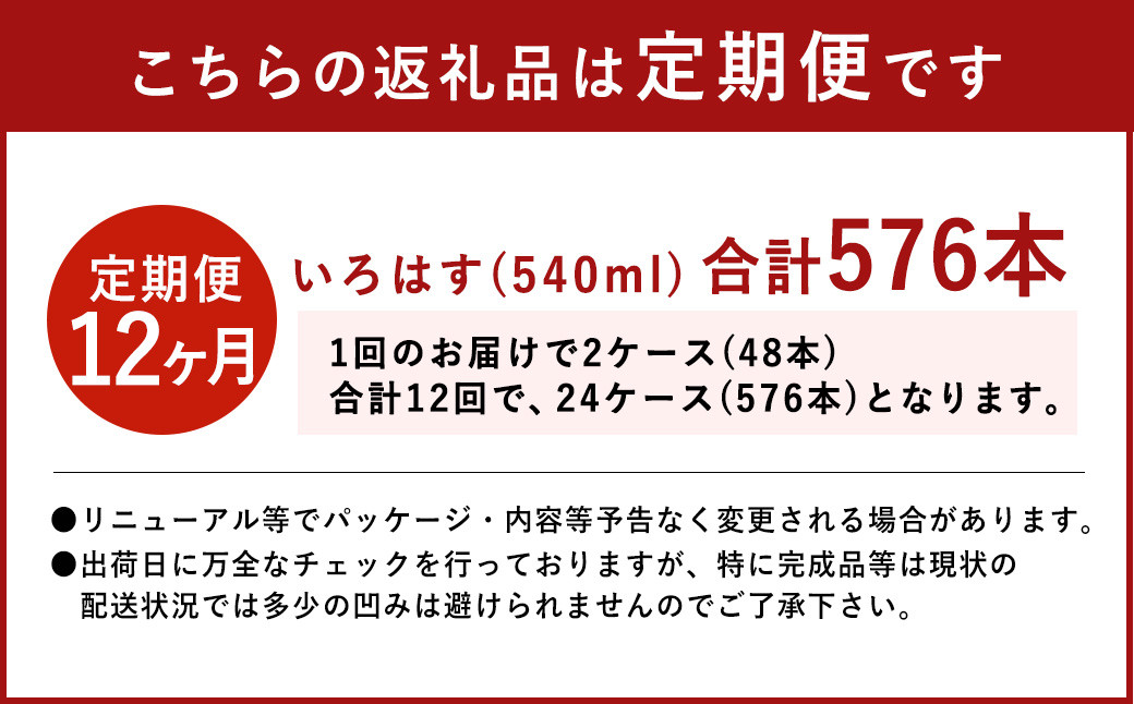 【定期便12回】い・ろ・は・す（いろはす）阿蘇の天然水 540ml 24本×2ケース 計48本×12回