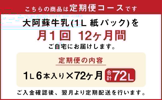 【12ヶ月定期便】大阿蘇牛乳 1L×6本×12ヶ月 合計72L 紙パック 牛乳 成分無調整牛乳 常温保存可能