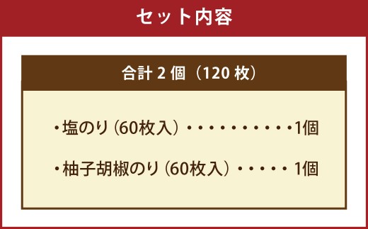 有明海 熊本産 極上とろける一番摘み （塩のり・柚子胡椒のり） ボトル 2種セット 60枚入 計2個（各1個）計120枚 海苔 海藻 のり ノリ しおのり 塩 しお 柚子 胡椒 ゆず ユズ こしょう コショウ