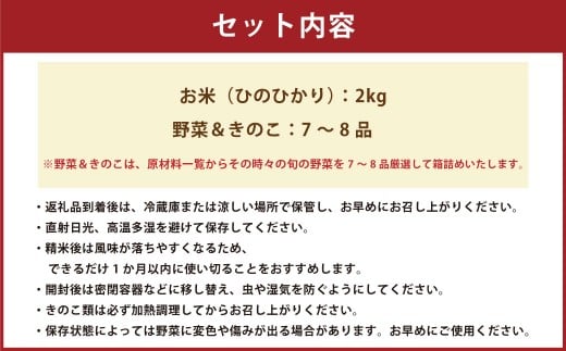 【令和7年度産】 熊本県（七城）産のお米と熊本県産の野菜ときのこ お米（2kg）・野菜＆きのこ（7～8品） 精米 単一原料米 ひのひかり ジャガイモ ニンジン シイタケ 【2025年11月上旬発送開始】