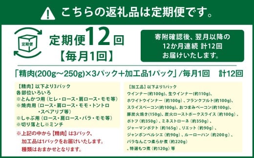 【年12回定期便】 香心ポーク を年中味わえる 満喫 セット (N3A1) 計4パック×12回 豚肉 ロース 肩ロース バラ 切り落とし ミンチ ウインナー ソーセージ ハム ベーコン サラミ
