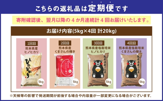 【 4か月連続定期便 】 【 令和7年度産 】 熊本県産のお米 5kg×4回 銘柄違い 計20kg 国産 熊本県産 お米 米 コメ ご飯 白米 ヒノヒカリ くまさんの輝き 塩栽培米 塩栽培 【 2025年12月上旬発送開始 】