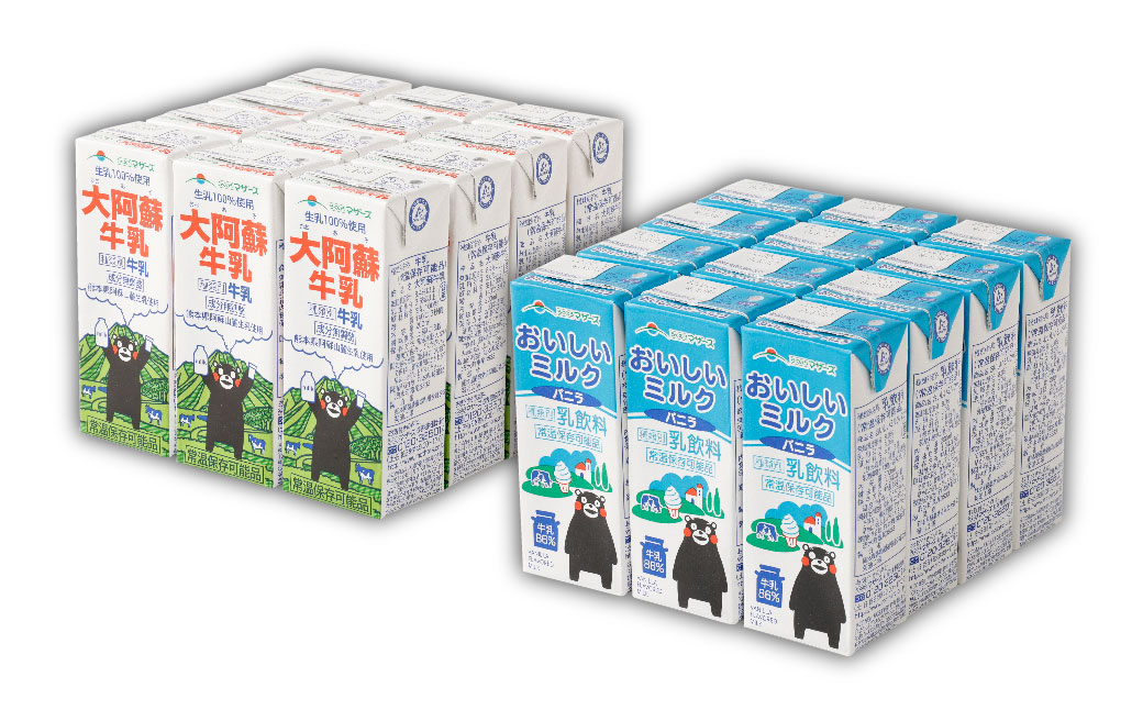 【3か月連続定期便】 大阿蘇牛乳200mlとおいしいミルクバニラ200ml 各12本ずつ（計24本）×3回 計72本 牛乳 ぎゅうにゅう ミルク バニラ風味 紙パック 飲料 乳飲料 定期便 長期保存 熊本県