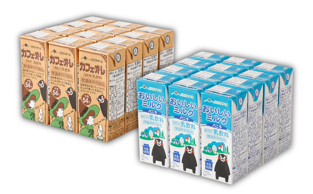 【3か月連続定期便】 カフェオレ200mlとおいしいミルクバニラ200ml 各12本ずつ（計24本）×3回 計72本 カフェオレ コーヒー コーヒー飲料 ミルク バニラ風味 紙パック 飲料 乳飲料 定期便 長期保存 熊本県