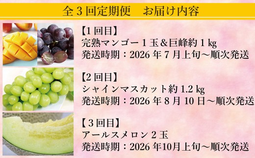 【年3回定期便】熊本おすすめフルーツ定期便C（マンゴー＆巨峰・シャインマスカット・メロン）【2026年7月上旬発送開始】 マンゴー 巨峰 シャインマスカット メロン ぶどう 葡萄 ブドウ アールスメロン 1玉 約1kg 約1.2kg 2玉 フルーツ 果物 くだもの 熊本県産 国産 定期便 定期 3回 果実 果肉
