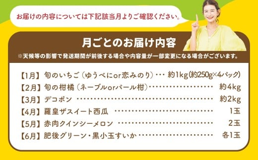 【6ヶ月連続定期便】 スザンヌが選ぶ熊本ギフト 果物定期便6ヶ月 （苺 ・旬の柑橘 ネーブルもしくはパール柑 ・ デコポン ・ スイカ ・ メロン ・ シャインマスカット ・ みかん ・ 梨 ・ 柿 ・ 晩白柚） ／ 6回定期便 果物 果実 フルーツ 定期便 九州 熊本県 常温 冷蔵