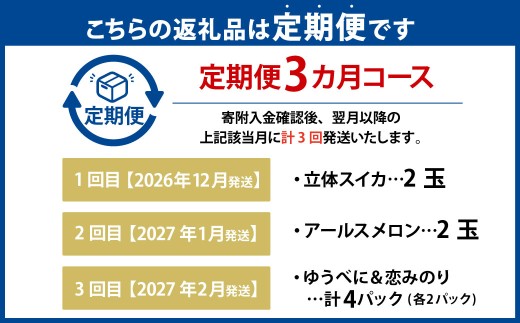 【年3回定期便】 熊本おすすめフルーツ定期便B（スイカ・メロン・いちご） 【2026年12月上旬発送開始】 スイカ すいか 立体スイカ メロン アールスメロン いちご イチゴ 苺 果物 くだもの 果実 果汁 フルーツ 定期便 年3回 熊本県 熊本県産