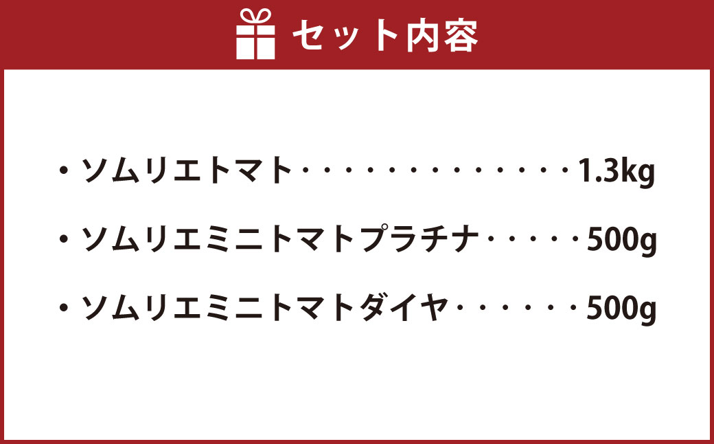 【 食べ比べ 】ソムリエ トマト1.3kg と ソムリエ ミニトマト プラチナ500g とダイヤ 500g の セット 合計 2.3kg 3種 とまと 野菜 やさい 熊本県産 国産 【2025年2月上旬発送開始】
