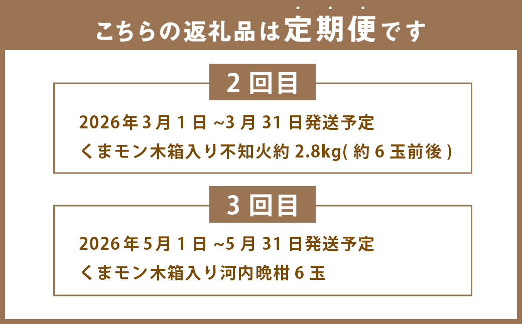 ～有明の潮風と太陽で育った～【年3回定期便】くまモン木箱入り！後藤農園の柑橘定期便 みかん ／ 年3回 3種類 計約52玉前後 ミカン 蜜柑 不知火 河内晩柑 晩柑 フルーツ 果実 果物 くまモン 後藤農園 定期便 九州 熊本県 常温