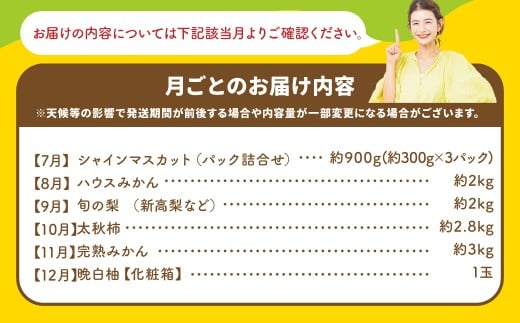 【6ヶ月連続定期便】 スザンヌが選ぶ熊本ギフト 果物定期便6ヶ月 （苺 ・旬の柑橘 ネーブルもしくはパール柑 ・ デコポン ・ スイカ ・ メロン ・ シャインマスカット ・ みかん ・ 梨 ・ 柿 ・ 晩白柚） ／ 6回定期便 果物 果実 フルーツ 定期便 九州 熊本県 常温 冷蔵
