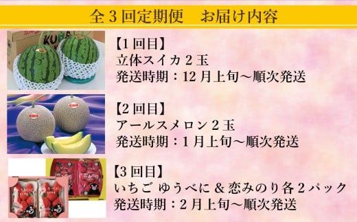 【年3回定期便】 熊本おすすめフルーツ定期便B（スイカ・メロン・いちご） 【2026年12月上旬発送開始】 スイカ すいか 立体スイカ メロン アールスメロン いちご イチゴ 苺 果物 くだもの 果実 果汁 フルーツ 定期便 年3回 熊本県 熊本県産