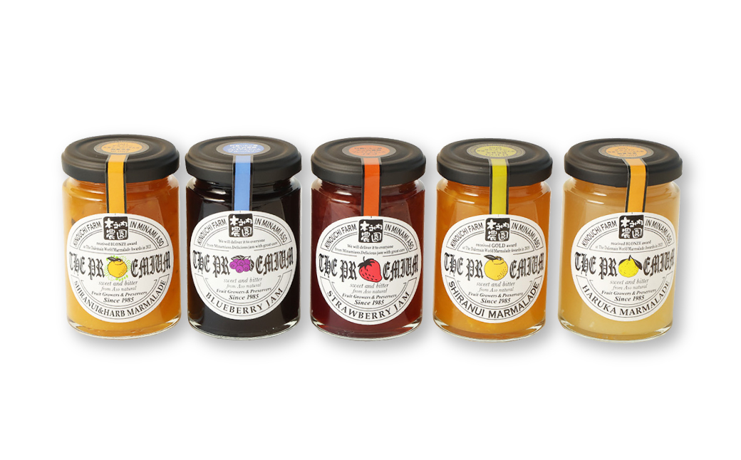 阿蘇 木之内農園の プレミアム ジャムシリーズ 5本 セット （ 不知火マーマレード ・ はるかマーマレード ・ 不知火 ＆ ハーブマーマレード ・ いちごジャム ・ ブルーベリージャム ） 各150g ジャム 5種