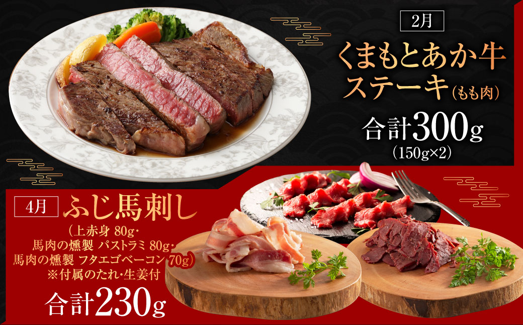 【年6回定期便】馬刺しvsくまもとあか牛食べ比べ定期便 くまもとあか牛 もも肉 サーロイン 切り落とし 馬刺し 上赤身 パストラミ フタエゴベーコン ロース ラムランプ トロ ユッケ 10種 肉 お肉 牛肉 馬肉 ステーキ 冷凍