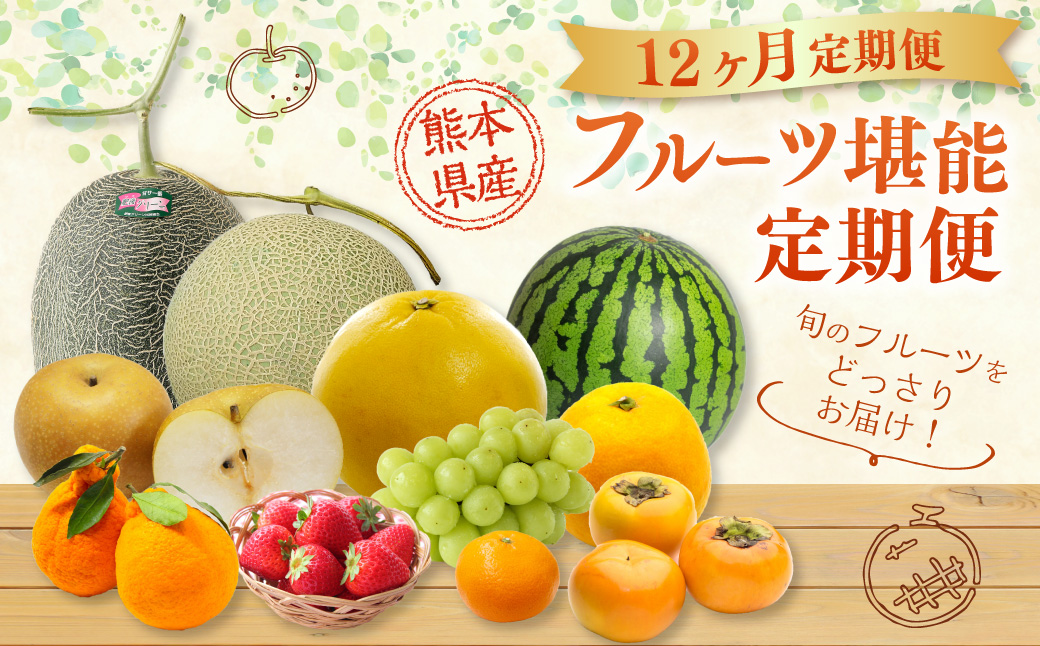 【年12回定期便】熊本県産フルーツ堪能定期便 ｜ 果物 くだもの フルーツ 定期便 旬 デコポン みかん メロン すいか いちご 梨 柿 シャインマスカット 特産品 熊本県