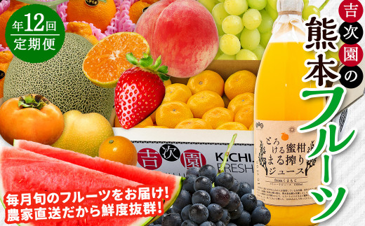【年12回定期便】吉次園の熊本 フルーツ 定期便 ｜果物 くだもの 苺 いちご みかん 柑橘 メロン すいか 桃 ぶどう 梨 柿 みかんジュース