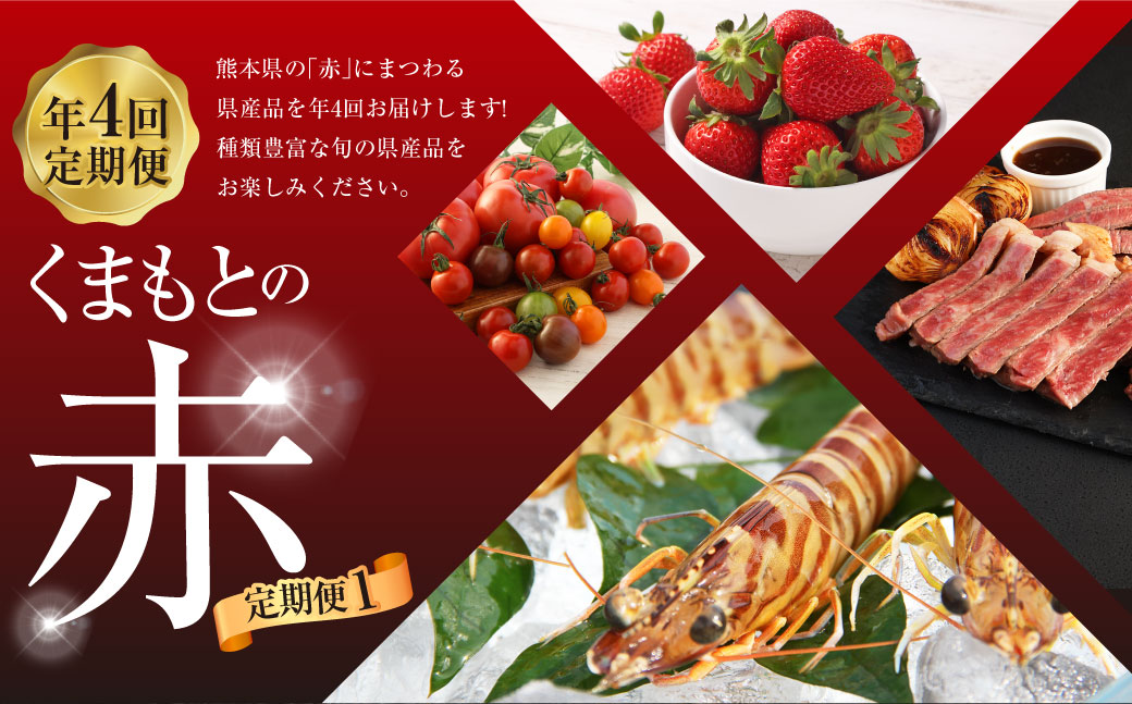 【年4回定期便】「くまもとの赤」定期便① いちご （ゆうべに） ミニトマト （千果・カラフル2種）＋ 桃太郎トマト くまもとあか牛 クルマエビ 5種 フルーツくだもの 果物 苺 やさい 野菜 トマト 牛肉 肉 お肉 車エビ 海老 エビ