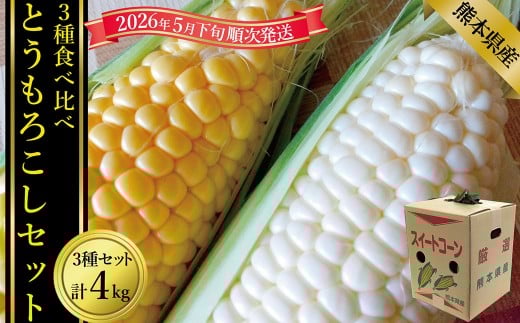 とうもろこし3種食べ比べ（スイートコーン/ゴールドラッシュ/ピュアホワイト等）計約4kg【2026年5月下旬発送開始】　とうもろこし トウモロコシ 3種 食べ比べ スイートコーン ゴールドラッシュ ピュアホワイト等 4kg 野菜 お野菜 やさい 熊本県産 国産