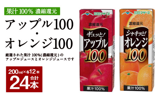 ギュッと！ アップル100 シャキッと！ オレンジ100 セット 200ml × 12本ずつ 合計24本 合計4800ml りんご おれんじ パックジュース