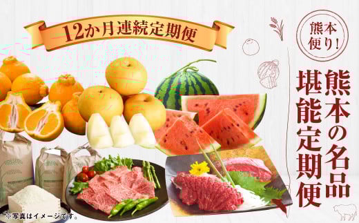 【12か月連続定期便】熊本便り！熊本の名品堪能定期便 ｜ 馬刺し 馬肉 フルーツ 果物 くだもの デコポン みかん メロン 柿 梨 すいか そうめん あか牛 米 お米 特産品 お取り寄せ