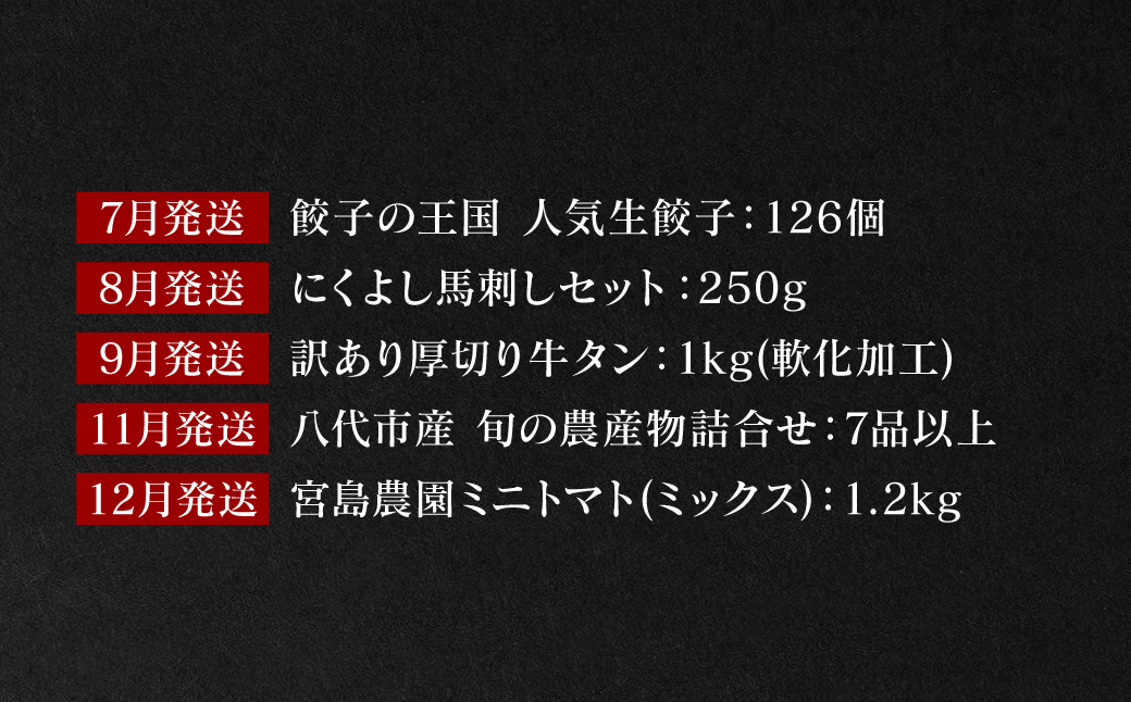 【10回定期便】八代市堪能定期便 晩白柚 ロールケーキ 西京漬け 黒毛和牛 肥後グリーン メロン 餃子 馬刺し 牛タン 野菜 トマト ミニトマト 10回お届け