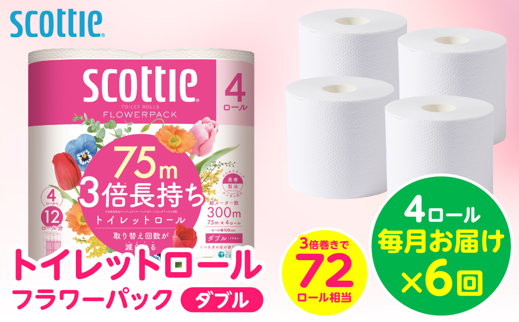 【定期便6回】【毎月お届け】【スコッティ】 トイレットロール ダブル フラワーパック 3倍長持ち 4ロール 計24ロール 香りつき トイレットペーパー 日用品 生活必需品 防災備蓄 ストック 備蓄 新生活 防災 消耗品 生活用品 日用消耗品 熊本県 八代市