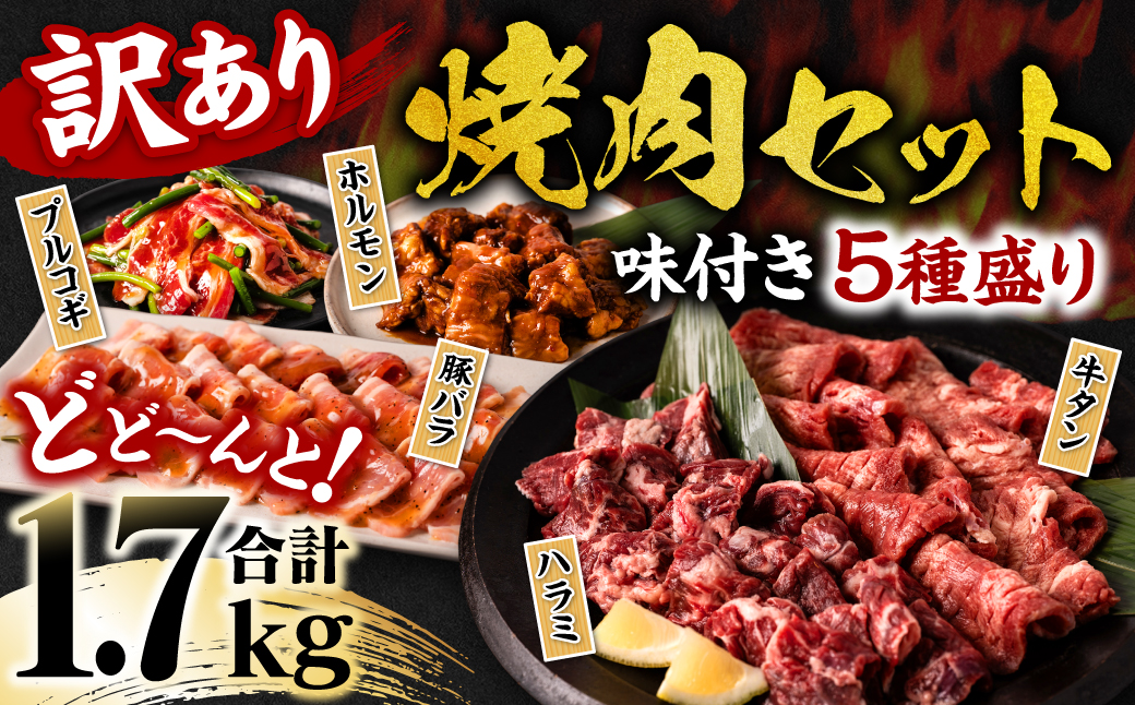 【訳あり】 焼肉セット 5種盛り 計1.7kg 牛肉 タン ハラミ みそ ホルモン プルコギ 豚バラ 豚肉 カルビ 肉 味付き おかず 焼き肉 炒め物 お惣菜 おつまみ バーベキュー