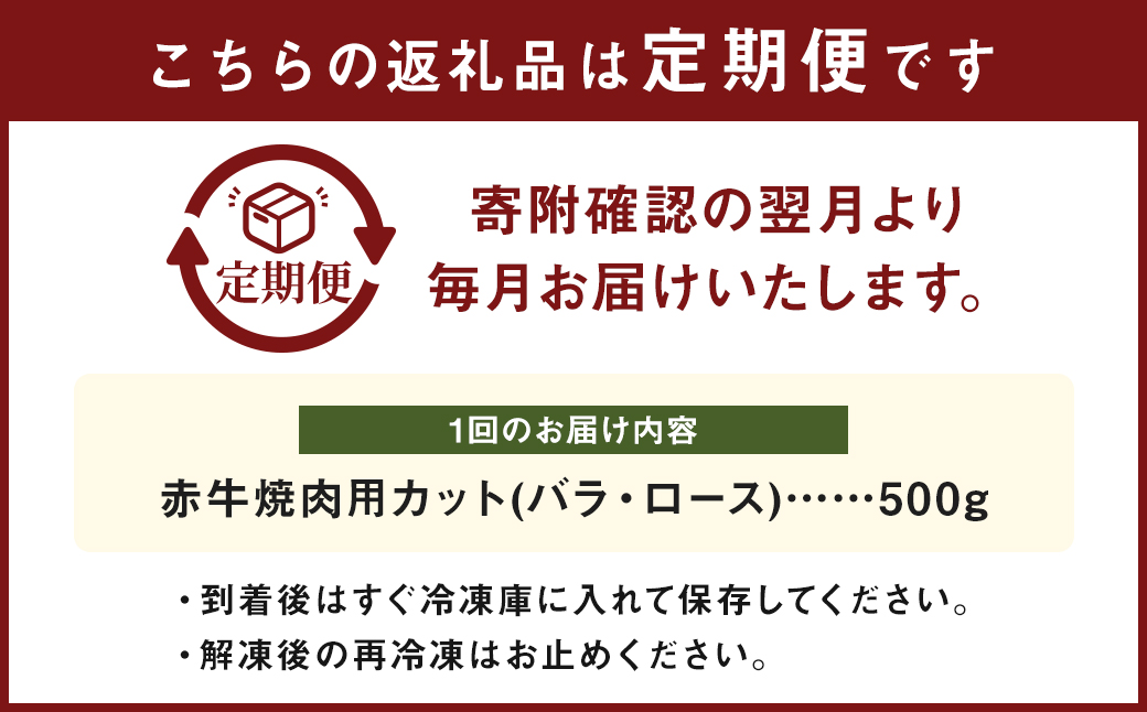 【 3ヶ月 定期便 】 赤牛 焼肉用 カット （ バラ ・ ロース ） 500g （ 合計 1.5kg ） 冷凍 お肉 肉 牛肉 牛 焼き肉 焼肉 バラ肉 ロース肉 熊本 和牛 国産