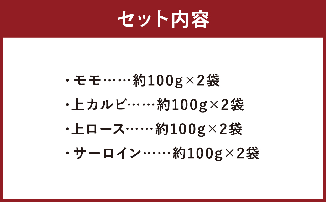 阿蘇あか牛食べ比べセット（モモ・上カルビ・上ロース・サーロイン）約800g
