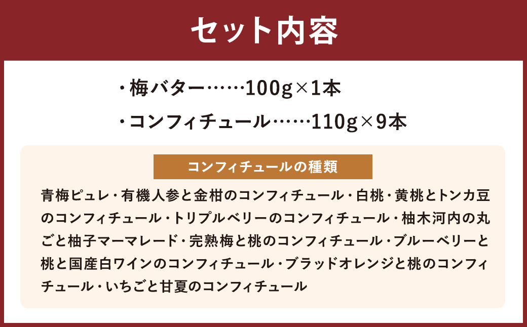 目で楽しむ！ コンフィチュール 10本 セット ジャム 梅 バター 青梅 ピュレ 有機人参 金柑 コンフィチュール 白桃 黄桃 ベリー 柚子 マーマレード ブルーベリー 白ワイン ブラッド オレンジ いちご 甘夏