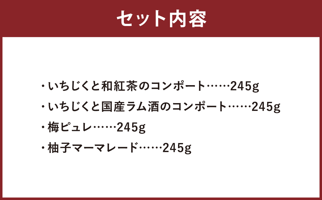 たくさん食べよう コンポート と コンフィチュール 大瓶 4本 セット ジャム いちじく イチジク とよみつひめ ラム酒 和紅茶 青梅 ピュレ 柚子 マーマレード