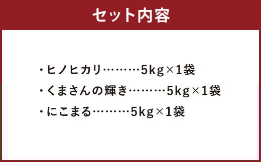 【令和7年産】ヒノヒカリ 5kg＋くまさんの輝き 5kg＋にこまる 5kg 食べ比べ 計15kg お米 米 白米 精米 ごはん ご飯 お取り寄せ 【2026年9月下旬迄発送予定】