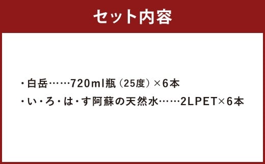 【2個口発送】球磨焼酎 と 阿蘇 の 天然水 の 水割り セット ！ 白岳 720ml×6本 ＋ い・ろ・は・す 阿蘇の天然水 2L×6本 計12本（16.32L） お酒 酒 米焼酎 アルコール ミネラルウォーター 水 国産 熊本県 人吉市
