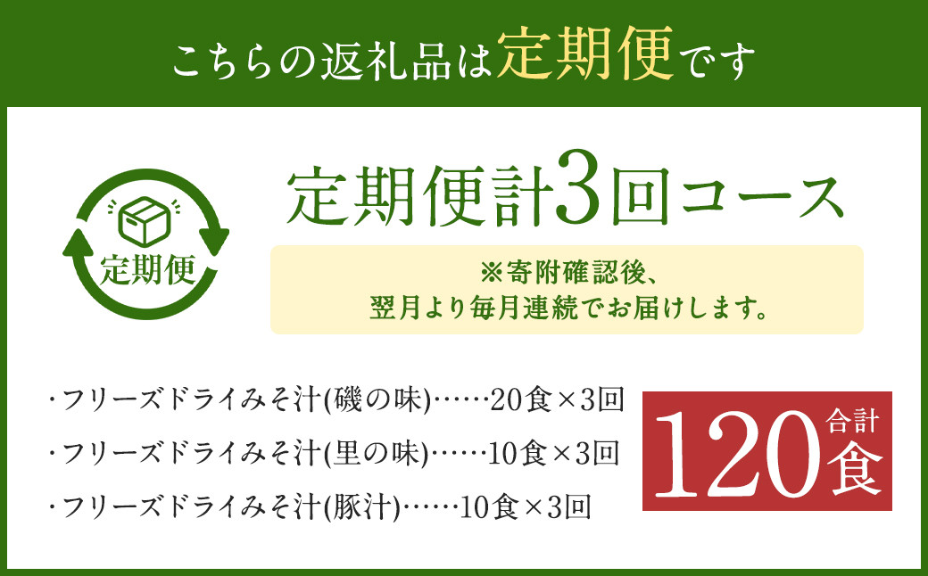 【3ヶ月定期便】フリーズドライみそ汁(磯の味&里の味&豚汁)3種40食