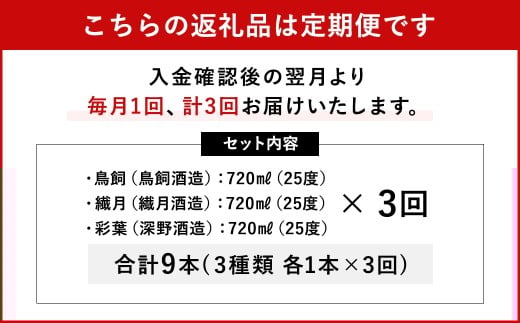 【定期便:年3回】味わい球磨焼酎フレーバー3種類セット 鳥飼 繊月 彩葉