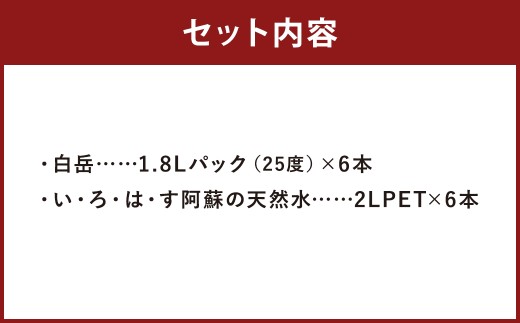 球磨焼酎 と 阿蘇 の 天然水 の 水割り セット ！ 白岳 1.8Lパック×6本 ＋ い・ろ・は・す 阿蘇の天然水 ２L×6本 計12本（22.8L） お酒 酒 米焼酎 アルコール ミネラルウォーター 水 国産 熊本県 人吉市