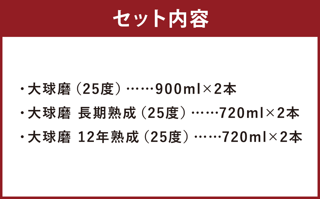 「大球磨」 25度 900ml×2本 「大球磨 長期熟成」 「大球磨 12年熟成」 各25度720ml×4本 合計6本 計4,680ml お酒 酒 アルコール 焼酎 米焼酎 球磨焼酎 お取り寄せ 飲み比べ
